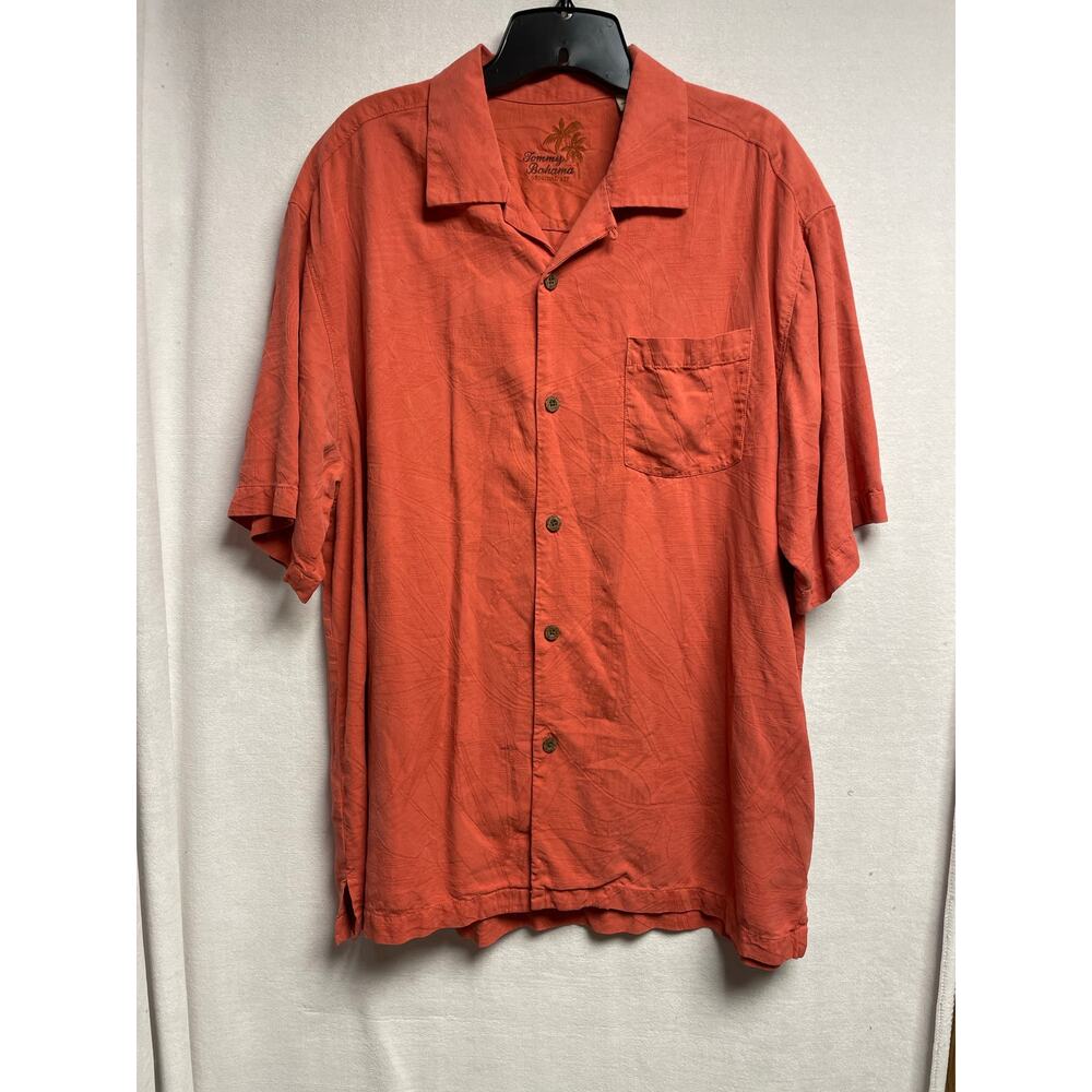 Tommy Bahama Mens original fit coral Large 100% silk button‎ shirt short sleeve